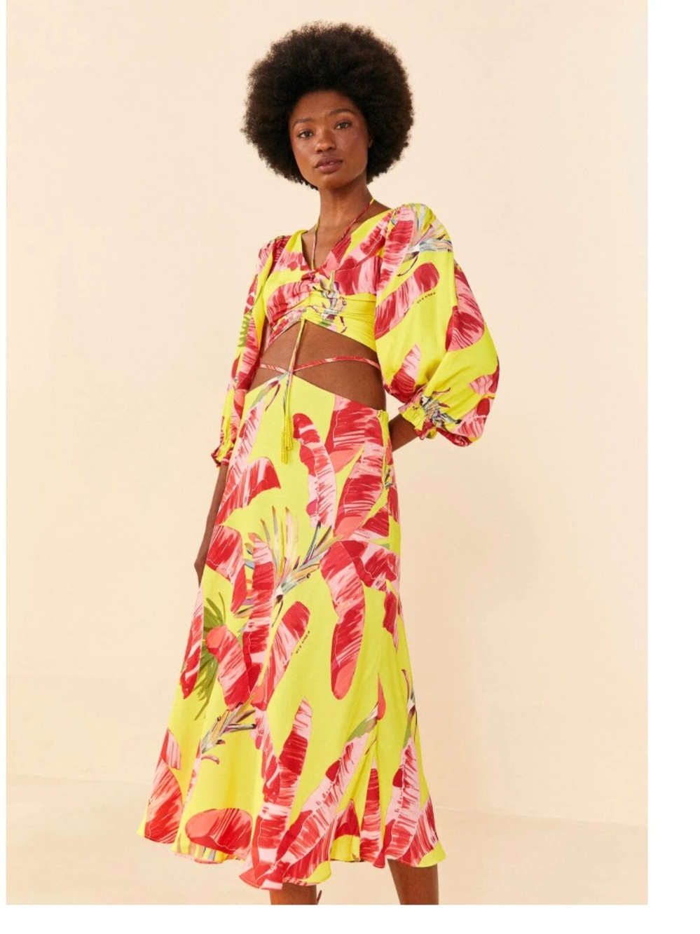 FARM Rio Neon Lime Midi Skirt & top  Hot Pink Tropical Print Sz XL NWT